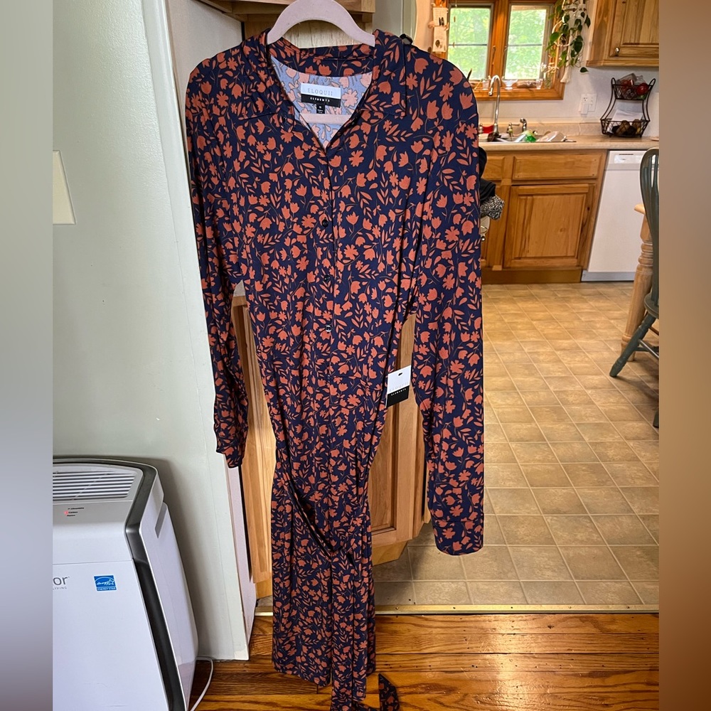 Eloquii Long Sleeve Lightweight Midi Shirt Dress Belted Floral Print NWT